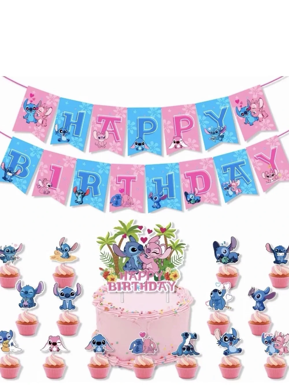 Cute Stitch & Angel Pink and Blue Birthday Party Banner and Balloon Kit